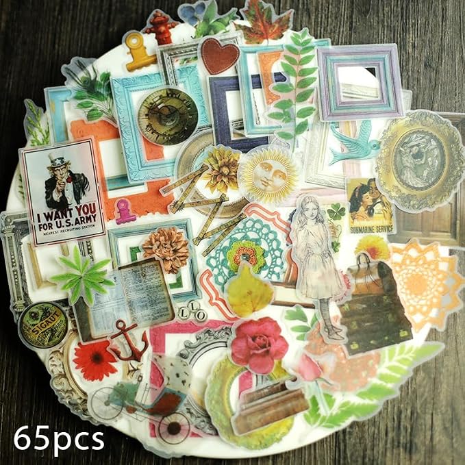 CATaireen Vintage Junk Journal Ephemera Scrapbooking Supplies Translucent Vellum Paper Stickers Card Making Decal Art Aesthetic for Adults (Character Frame Art)