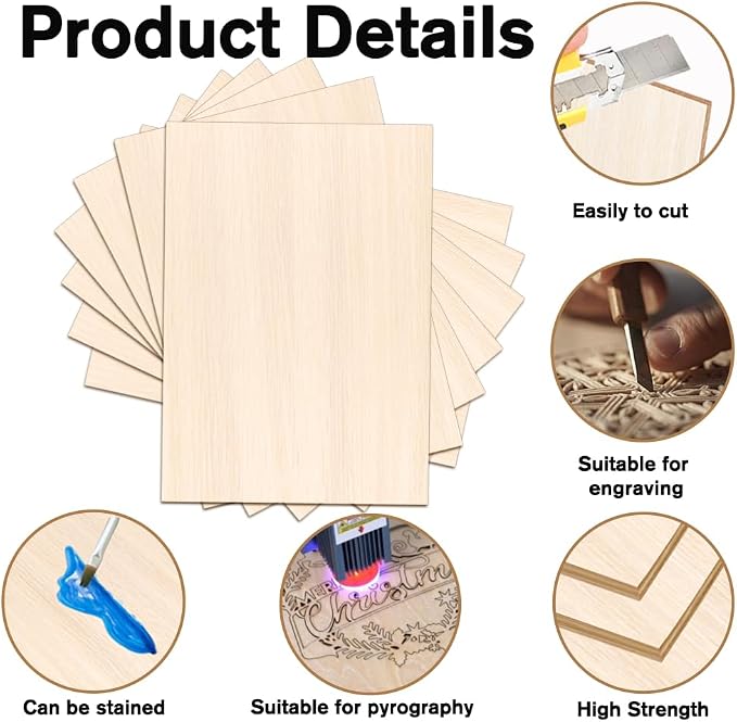 24 Pack Basswood Sheets 4 x 6 x 1/16 Inch Thin Wood Sheets for Crafts