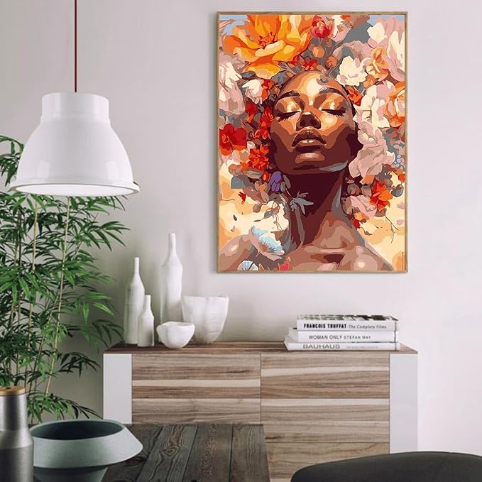 Clendo DIY African Woman Paint by Numbers for Adults Canvas, Flowers and Girl Paint by Number Kits on Canvas - Oil Painting Kits Arts and Crafts for Home Decor 16x20 inch(Without Frame)