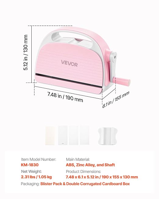 VEVOR Manual Die Cutting and Embossing Machine, 3" Opening, Portable Die Cut Machine with Cutting Plates, Ergonomic Handle, Easy to Store, for Arts and Crafts, Scrapbooking, Card Making, Crafting