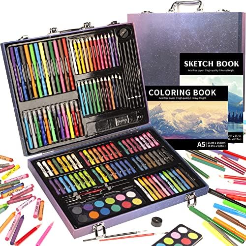 KINSPORY 150PC Art Set with Sketch Book, Coloring Art Kit Drawing Art Supplies Case, Markers Crayon Colour Pencils for Budding Artists Kids Teens Boys (Blue)
