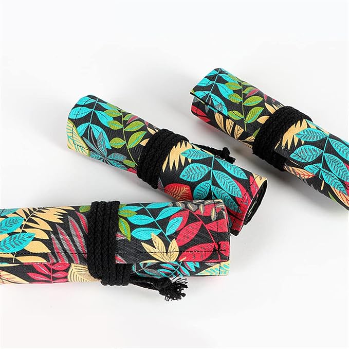 DIYOMR 24/36/72 Slots Pencil Wrap Pencil Rolls, Artist Colored Pencils Roll Up Bag Short Brushes Pouch Case Pencils Organizer for Drawing Coloring and Sketching,No Pencils (Colorful Leaves, 24slots)