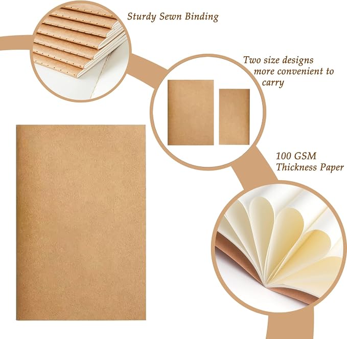 Kraft Notebooks Bulk, Blank Journals Notebook for Office, Unlined Composition Notebook for Kids, Student, Sketchbooks and Journaling Notebooks for Work, School & 60 Pages&A5&Mini Size(2Pack 8.3"×5.5", 3Pack 7.4"×4")