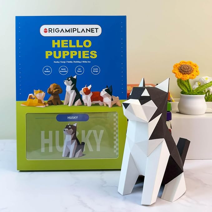 Husky 3D Origami Paper Craft Kit, Easy DIY Pre-Cut Dog Paper Sculpture Model for Adults, Cute Animal Handmade Home Decor Papercraft Gift Set for Beginners