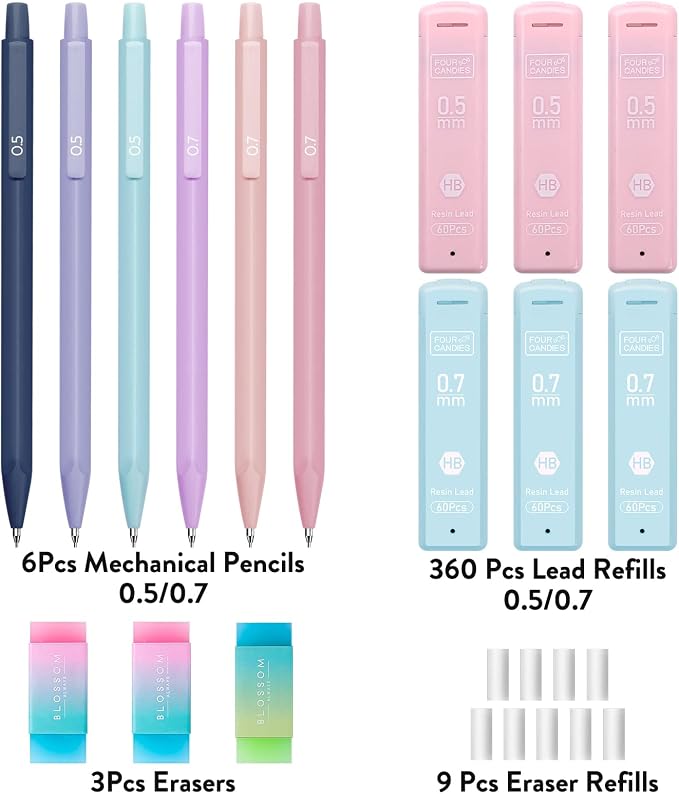 Four Candies Cute Mechanical Pencil Set, 6-Pack 0.5/0.7mm | 360 Lead Refills, 3 Erasers, 9 Eraser Refills, Storage Case, Back to School Supplies for Girls, Pastel Aesthetic Stationery