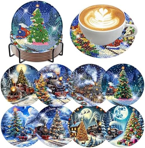 ijbnhd Christmas Train Diamond Art Coasters, 8 PCS, 4x4 inch