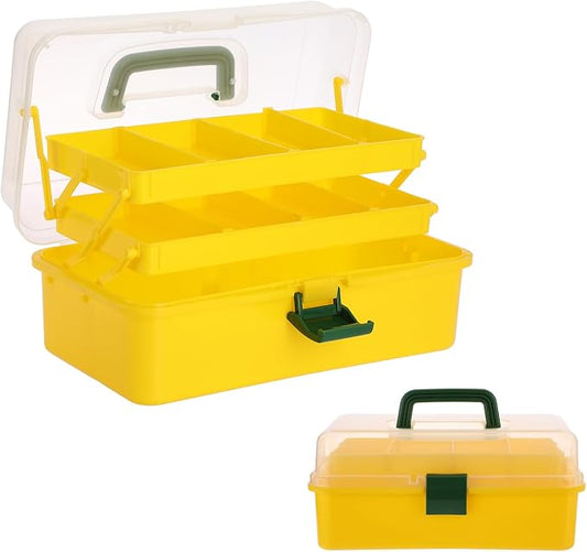 BTSKY 3-Layer Plastic Dividing Storage Box Craft Organizer and Storage | Portable Handled Art Supply Organizer with Adjustable Spacers Multipurpose Home Utility Box for Medicine Sewing(Yellow+Green)