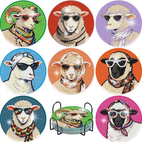 8 Pcs Sheep Diamond Art Coasters with Holder,DIY Sheep Wearing Glasses Diamond Painting Coasters Kits with Cork Pads,5D Full Round Drill Rhinestone Painting Art Crafts for Holiday Gifts 4X4 Inch.