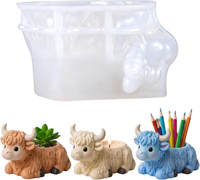 1Pcs Highland Cow Flower Pot Silicone Mold 3D Cow Shape Resin Epoxy Casting Mold for DIY Home Decor Candle Holder Pen Holder Storage Box Plaster Craft Making