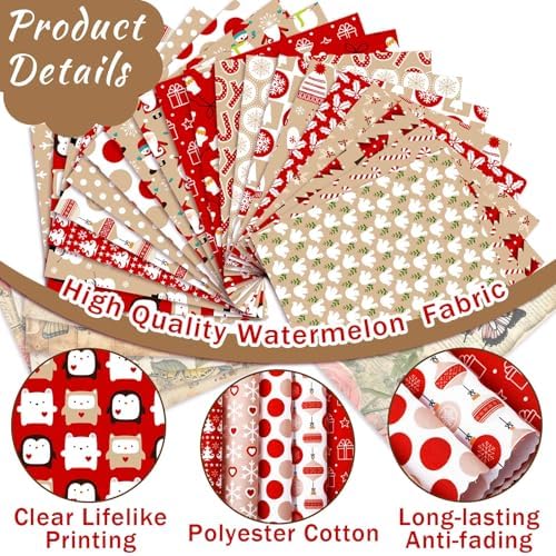 HunnmingRe 20 Pcs 10''x10'' Christmas Hot Cocoa Quilting Fabric Square Santa Snowflake Precut Quilted Fabric Bundle Candy Cane Snowman Printed Sewing Material for Winter Patchwork DIY Craft Supplies