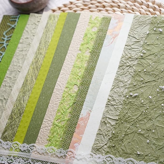 15Pcs Handmade Scrapbook Art Paper Craft Textured Paper Colorful A5 sheet Mesh Special Mix for Scrapbooking Junk Journal Journaling Supplies DIY Materials,5.8x8.2 inches (Green)