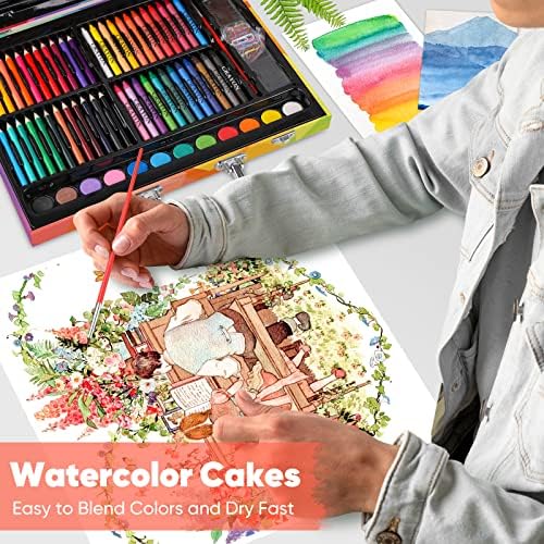 Soucolor 183 Art Drawing Painting Kit, Crayons Pastels Markers, Wooden Case