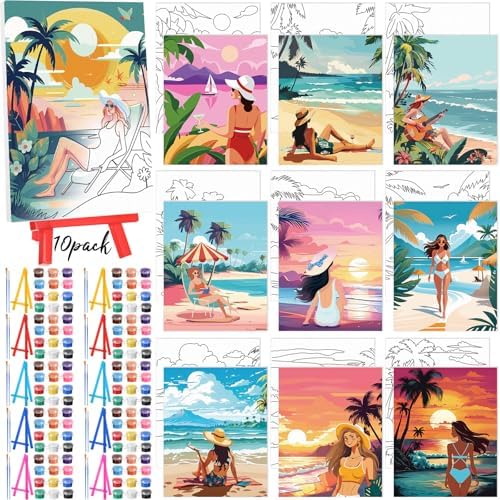 Blosssound 10 Set Pre Printed Canvas Pre Drawn Canvas Painting with Easel Kits 5" x 7" Outline Painting Panels for Beginners, DIY Craft Project, Party Favor, Home Decors(Hawaii Women)