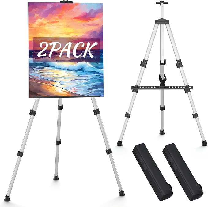 Art Painting Easel Stands, Adjustable Display Tripod Artist Sign Easels | Portable 66 inches Aluminum Metal Silver Floor Stands with 2 Bags for Table-top/Floor Drawing, Sturdy for Canvases Displaying