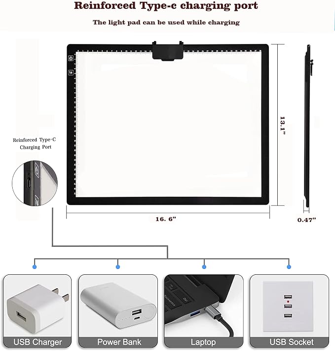 YINGWOND Rechargeable A3 LED Light Pad with Carry Bag, Adjustable Brightness Light Box with 3 Colors, Built-in Stand, 2500mAh Battery, Magnetic Clip, Light Board for Tracing Diamond Painting Sketching