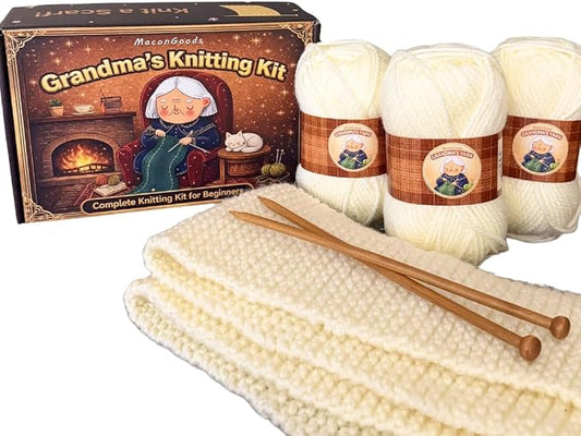MaconGoods Grandma's Knitting Kit - Longer Scarf Kit - Complete Knitting Kit for Beginners - Includes Beginner Yarn, Bamboo Needles, Video Tutorial & Guide - Easy to Learn Knit Kit
