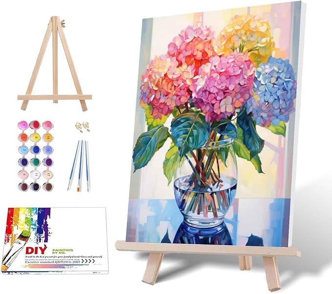 Ausanrl Flowers Framed Paint by Numbers Wooden Easel-Adult Paint by Number Kits on Canvas Framed,Paint by Number Adult,Hydrangea Paint by Numbers with Frame,Gifts and Home Wall Decor 12x16inch