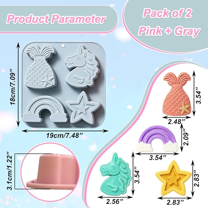 2 Pack Silicone Soap Molds, 4 Cavities Unicorn Star Rainbow Mermaid Tail Shaped Making Mold, Perfect for Handmade Soaps Lotion Bar Bath Bombs Ice Cube Chocolate Jelly Cake Making