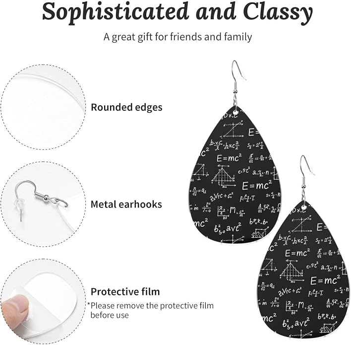 Math Formula Equation Black Drop-Shaped Earrings 2.2 x 1.5 Inches