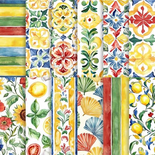 24 Sheets Watercolor Italian Tiles Scrapbook Paper, 12 Styles Watercolor Italy Tiles Seamless Patterns Decorative Craft Paper Folded Flat for Summer Card Making Photo Album Decor, 11.8'' x 11.8'