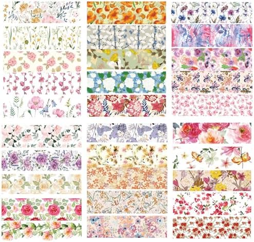 Flowers Washi Tape Set 30 Rolls Floral Patterns Decorative Skinny Slim Masking Tapes for Arts, DIY Crafts, Journals, Planners, Scrapbook, Wrapping (Blossoms Flourish)