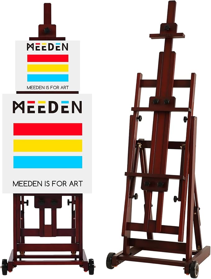 MEEDEN Multi-Function Art Studio Easel: Holds Canvas up to 77" for Artist | Solid Beech Wood Easel with Wheels, Movable and Tilting Flat Adjustable H-Frame Floor Easel for Adults Painting, Deep Walnut
