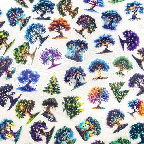50pcs Fantasy Magic Tree Stickers Pack – Clear Waterproof Scrapbook Decals for Journaling, Diary, Collage, Laptop, Water Bottle, Planner, Aesthetic Nature Forest Tree of Life Sticker