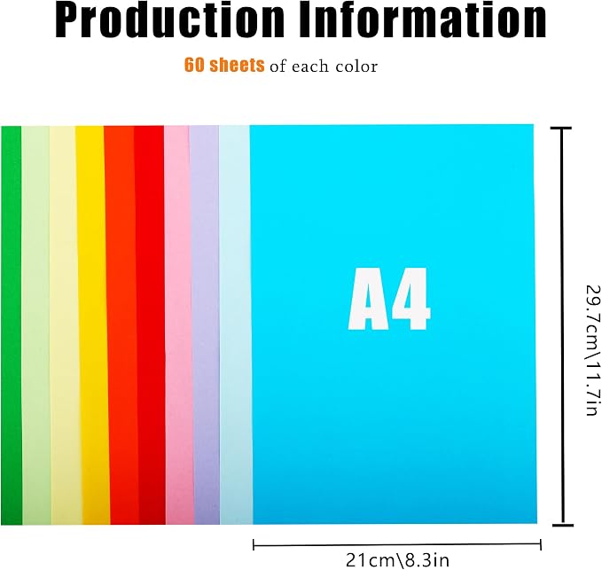 600 Sheets Colored Paper A4 Origami Printer Copy Multipurpose Printing Paper for DIY Craft Scrapbook Office 8.3" X 11.7", 10 Assorted Colors（70 gsm）
