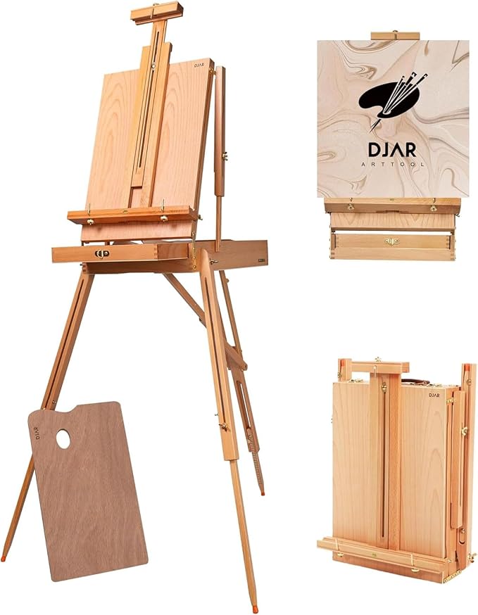 DJAR Beechwood French Easel with Shoulder Strap, Holds Canvas up to 34" | Adjustable, Palette, Level Instrument, Scale Leg, Outdoor & Indoor, Tabletop & Floor Use for Professional & Beginner Artists