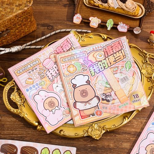 Girl's Japanese Kawaii Food Platter Scene Sticker Book, 18 Sheets DIY Lunchbox Stickers, 3 Recipes + 15 Plating Stickers Book for DIY Scrapbooking Journaling Handbook Decoration