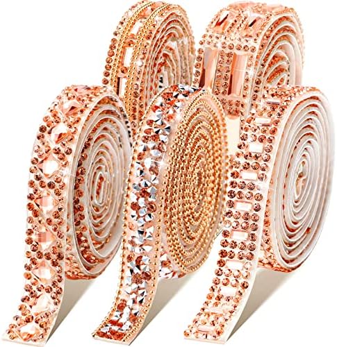 Xinnun 5 Rolls Rhinestone Ribbon,Champagne Gold,0.59 Inch,Mixed Style