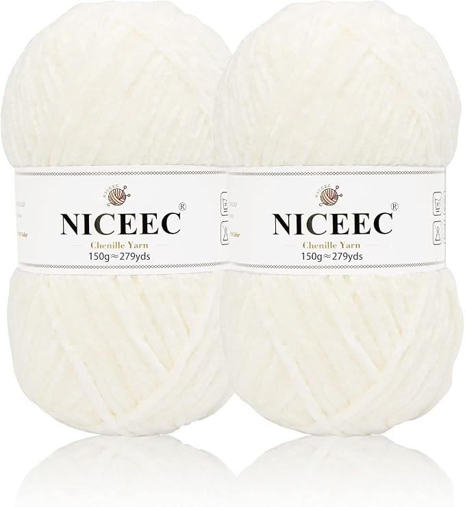 NICEEC 2 Skeins Soft Chenille Yarn 2 x255m (2X 279yds, 3X 150g)_Cream White