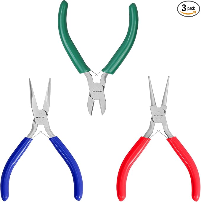 WORKPRO Jewelry Pliers Set, 3 Pack Jewelry Making Tool Kit | Needle Nose Plier/Chain Nose Plier, Round Nose Plier and Wire Cutter for Charm Bracelet, Jewelry Repair, DIY Crafts