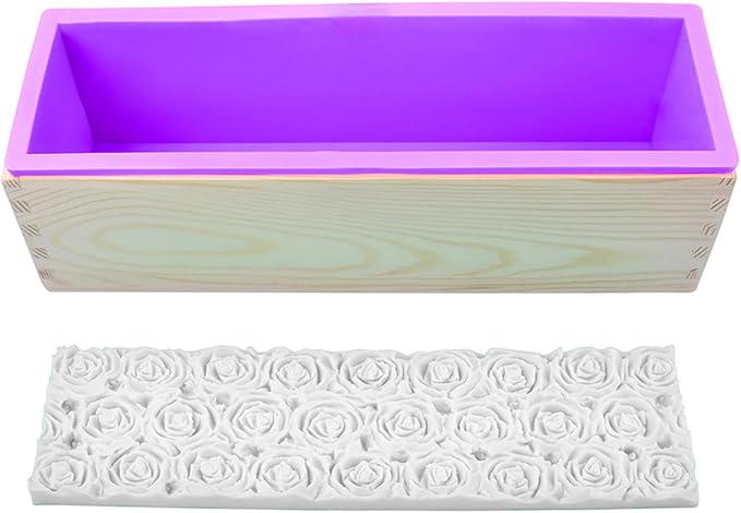 Loaf Soap Making Kit, 44oz Silicone Soap Making Liner Wood Box with Beehive & Hexagon & Rose Mat Creative Honeycomb Mat Mold for DIY Soap Making (Purple & Pink) (Purple Mold-Rose)