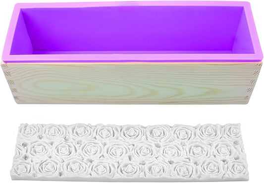 Loaf Soap Making Kit, 44oz Silicone Soap Making Liner Wood Box with Beehive & Hexagon & Rose Mat Creative Honeycomb Mat Mold for DIY Soap Making (Purple & Pink) (Purple Mold-Rose)
