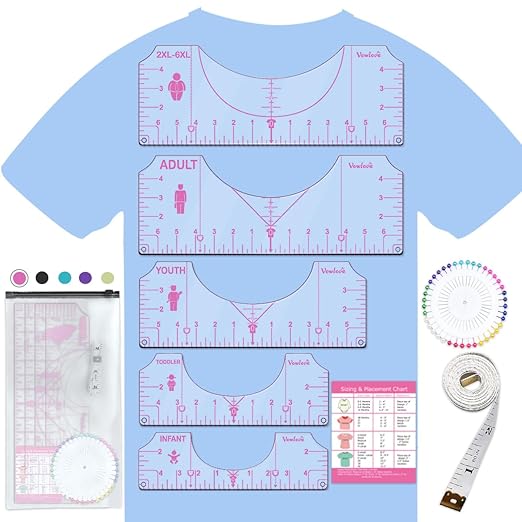Vowlove Tshirt Ruler Guide Set for Cricut, Shirt Measurement Centering Tool | Accessories for Sublimation Printers Blanks Product Bulk Embroidery Dtf Heat Press Transfers Ready to Press Film Tape