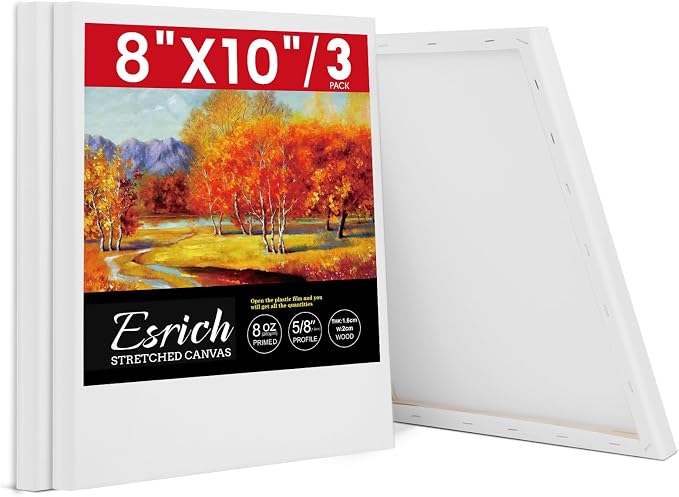 ESRICH Stretched Canvas for Painting, 3 Pack 8x10 Canvas Value Pack, Primed Acid-Free Cotton Blank Canvas, Paint Canvases for Oil & Acrylic Paint.