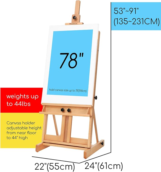 MEEDEN Large H-Frame Easel, Easel Stand for Paintings, Painting Easels, Easel Stand for Display, Solid Beechwood Wooden Easels for Painting Canvas, Holds Canvases Up to 78", Natural Color | Solid Beech Wood Art Easels for Painting with Height & Angle A...