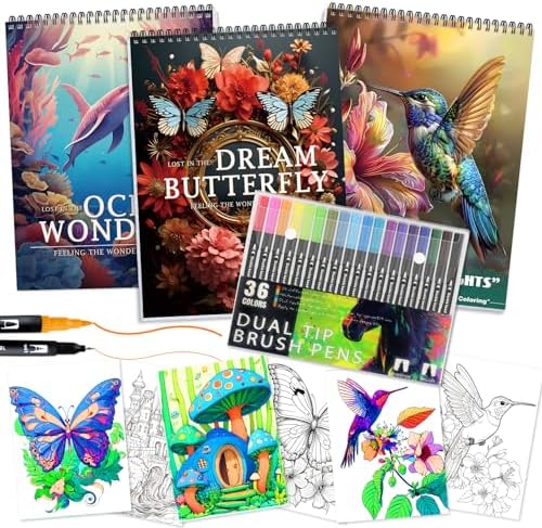 3Pcs Adult Coloring Book for Women Relaxation with 36 Dual Tip Color Marker