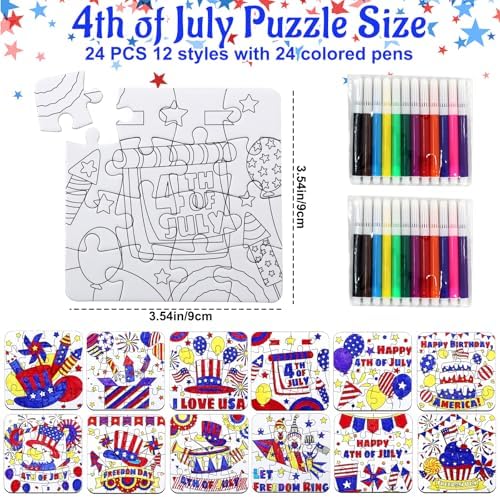 24 Sets 4th of July Patriotic Crafts for Kids, Independence Day Crafts Activities DIY Puzzle Kits Red White Blue Flag Star Memorial Day Jigsaw Painting Arts for Party Favors Gift Supplies Coloring Toy