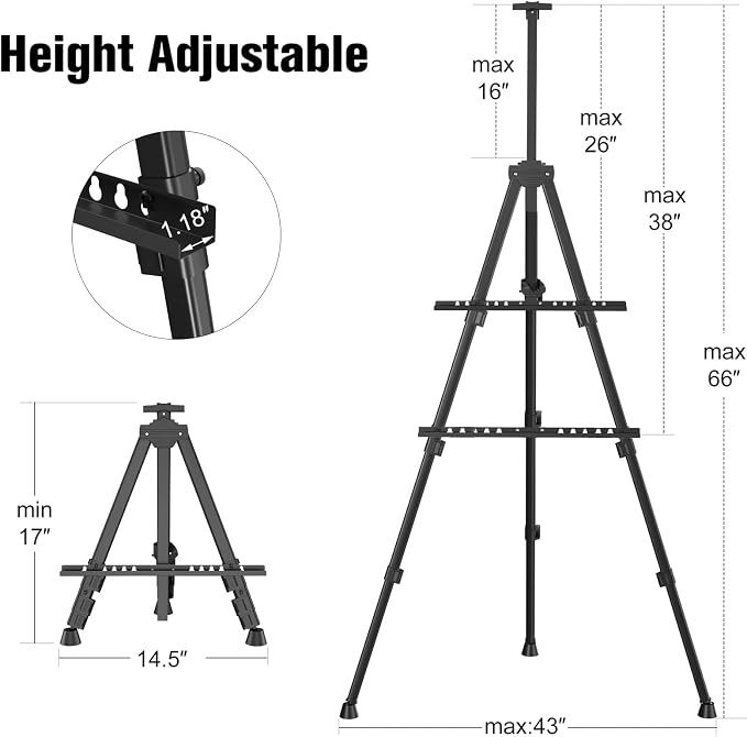 Art Painting Display Easel Stands - Portable Adjustable Floor Artist Easels | Aluminum Metal Tripod Black Stands with Bags, Sturdy for Table-Top/Floor Painting, Drawing, Displaying - 2 pack