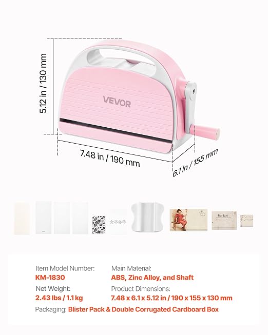 VEVOR Manual Die Cutting and Embossing Machine, 3" Opening, Portable Die Cut Machine Set with Cutting Dies, Embossing Folders, Paper Sheets, Cutting Plates, for Scrapbooking, Card Making, Crafting