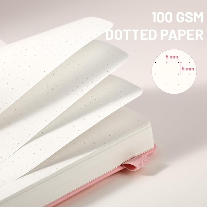 CAGIE Bullet Dotted Journal Notebook 320 Pages 100 GSM Paper Hardcover A5 Dot Grid Notebook Leather Journals for Writing Women Men Work Journaling, Pink