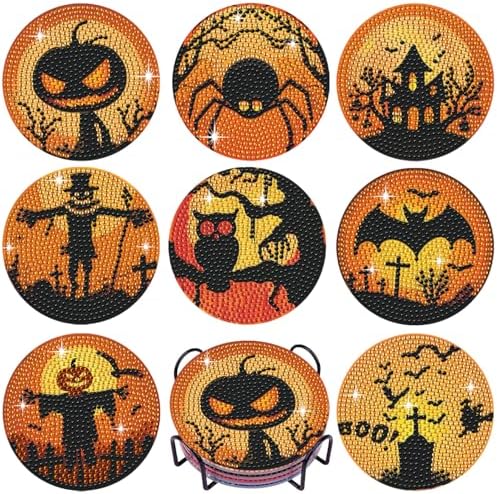 Leatrice 8 PCS Halloween Diamond Art Coasters Set with Holder 4 in