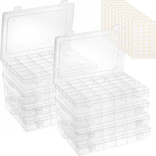 Bead Organizer Storage 8 Pack 36 Grid Jewelry Tackle Craft Box Adjustable | Clear Plastic, Adjustable Dividers, Label Stickers Included, for Beads Jewelry Crafts Fishing Tackle and Small Parts