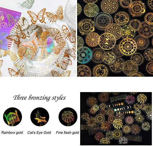 Dizdkizd Die Cut Golden Holographic Stickers, 360-Piece Glitter Translucent Decorative Decals PET Self-Adhesive Scrapbooking Supplies Set for Craft Projects Photo Album Laptop Resin Art