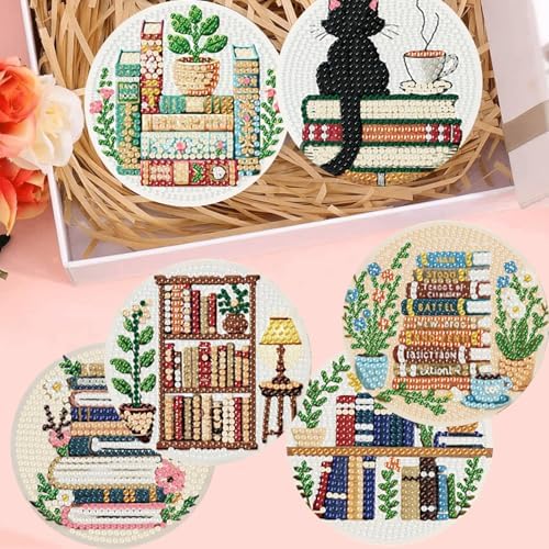 8 Pack Bookshelf Diamond Art Coasters,Diamond Painting Coasters Kits