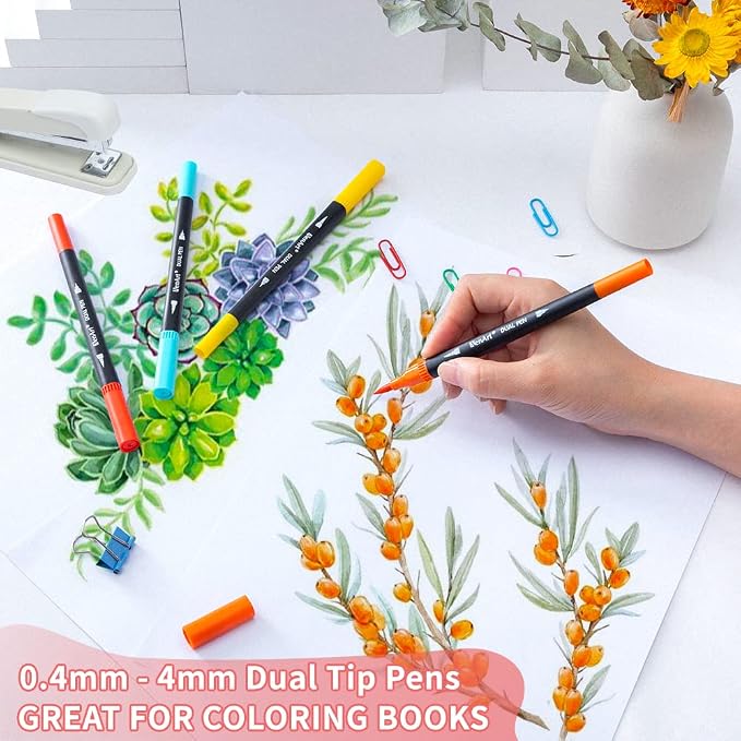 Dual Brush Markers for Adult Coloring Books, 24 Colored Fine Point Marker | Colored Double-Tip Pens for Note taking Planner Hand Lettering Calligraphy Drawing Journaling