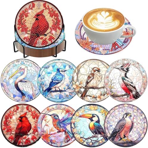 Diamond Art Coasters Kit, 8 Pieces Birds Diamond Painting Coasters Kit