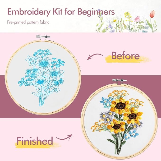 wtisan 5 Pack Embroidery kit for Beginners Adults DIY Starter Kit | Sunflower Gifts for Women Cross Stitch Kits with Embroidery Hoop, Tools,Colorful Threads,Hand Craft Lover Gift